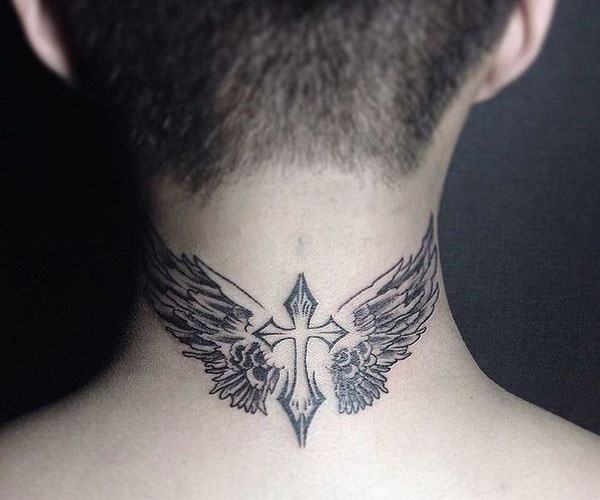 unique wings tattoo on the back of the neck