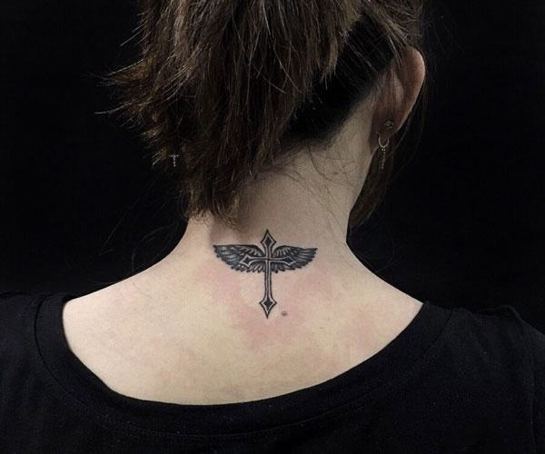 tattoo of the cross on the back of the neck mini