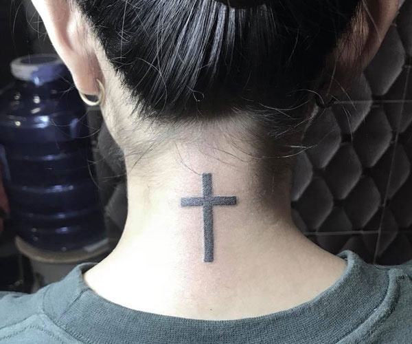 cross tattoo on the back of the neck 