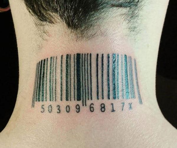 unique bar code tattoo on the back of the neck