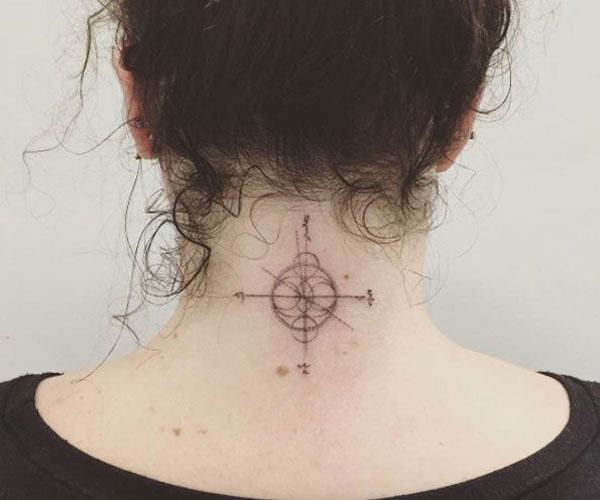 Compass tattoo on the back of the neck is beautiful