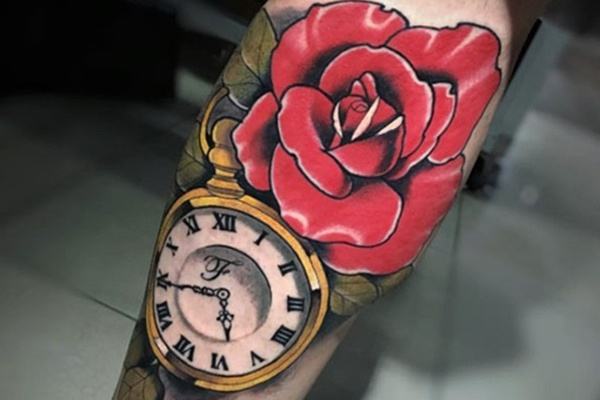 hình xăm đồng hồ hoa hồng đẹp