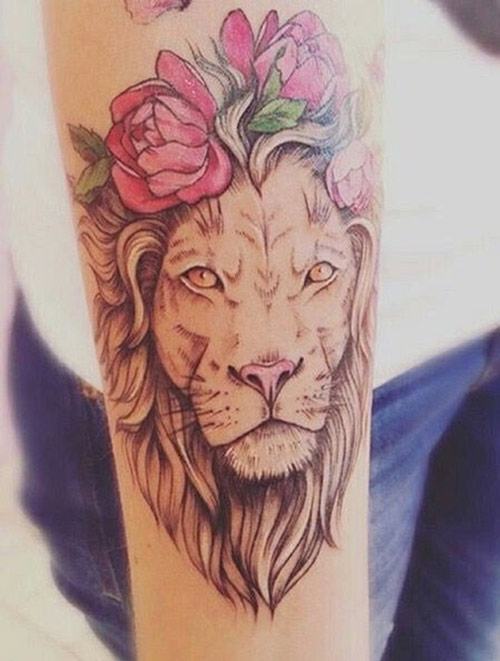 hình xăm sư tử và hoa hồng