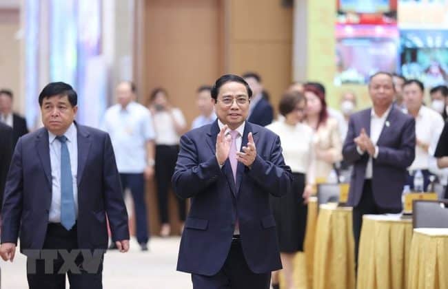 Thủ tướng Phạm Minh Chính dự Hội nghị công bố và triển khai Quy hoạch tổng thể quốc gia thời kỳ 2021-2030.  (Ảnh: Dương Giang/TTXVN)