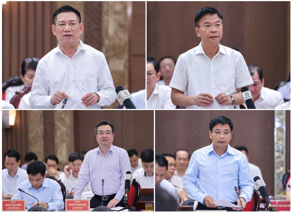 Bộ trưởng Tài chính, Tư pháp, Xây dựng, Giao thông vận tải nêu các nội dung, kiến ​​nghị nhằm thúc đẩy Hà Nội phát triển kinh tế - xã hội trên nhiều lĩnh vực.  Ảnh: VGP.