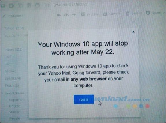 Ứng dụng Yahoo Mail cho Windows 10 đã dừng hoạt động