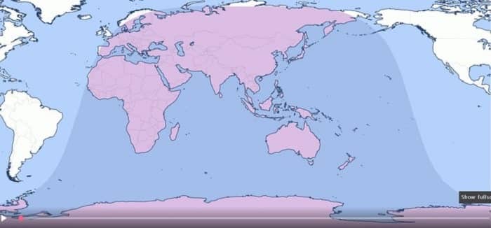Khu vực nhìn thấy nhật thực (màu tím) bao gồm hầu hết châu Á - châu Âu - châu Phi - châu Úc và cả lục địa không có người ở Nam Cực