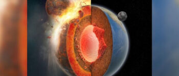 Nửa bên trái là va chạm Trái Đất - Theia trong quá khứ, nửa bên phải là hình ảnh Trái Đất hiện tại với một mảnh Theia ở gần lõi và Mặt Trăng sau va chạm.  Hình ảnh đồ họa: CALTECH